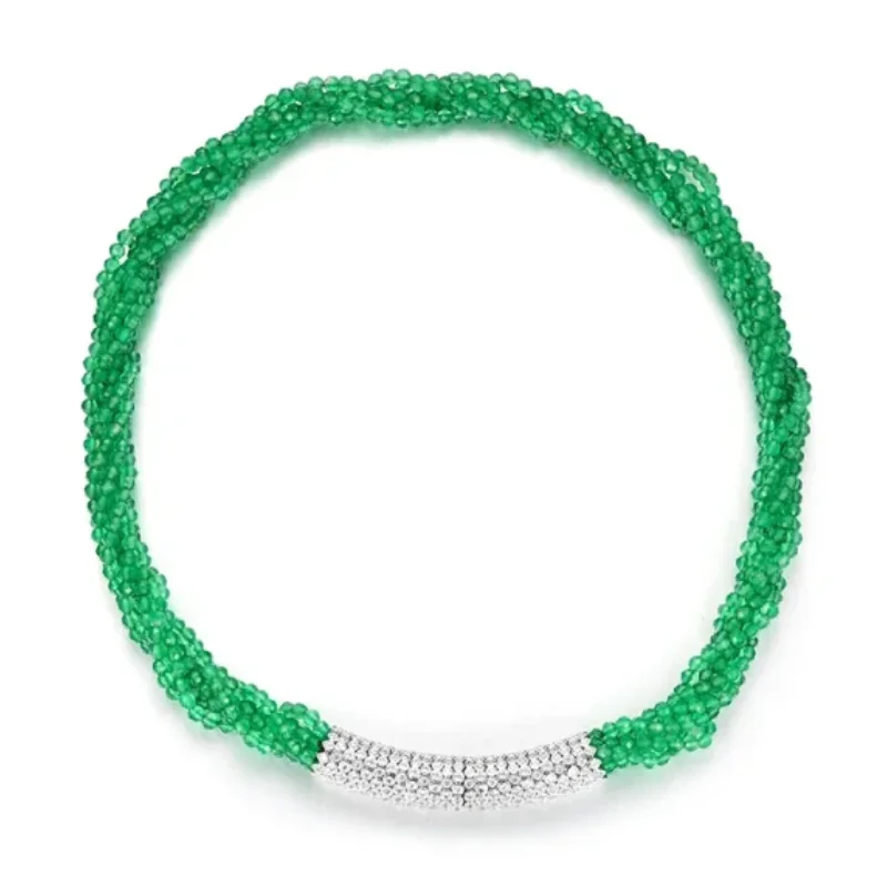 BELLUX Choker Design 925 Silver Synthetic Zircon Green Beads Multi Layer Necklace Luxury Vintage Fine Jewelry