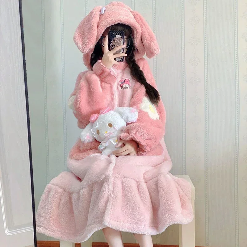 Sanrio Cinnamoroll Kuromi My Melody Nightgown Kawaii Cartoon Night Robe Trousers Suit Winter Thickened Fleece Winter Pajama