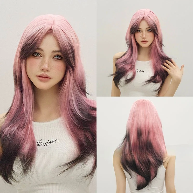 

Trend pink gradual change eight-character bangs medium and long hair fashion mullet head wig layered hair tail dye spot