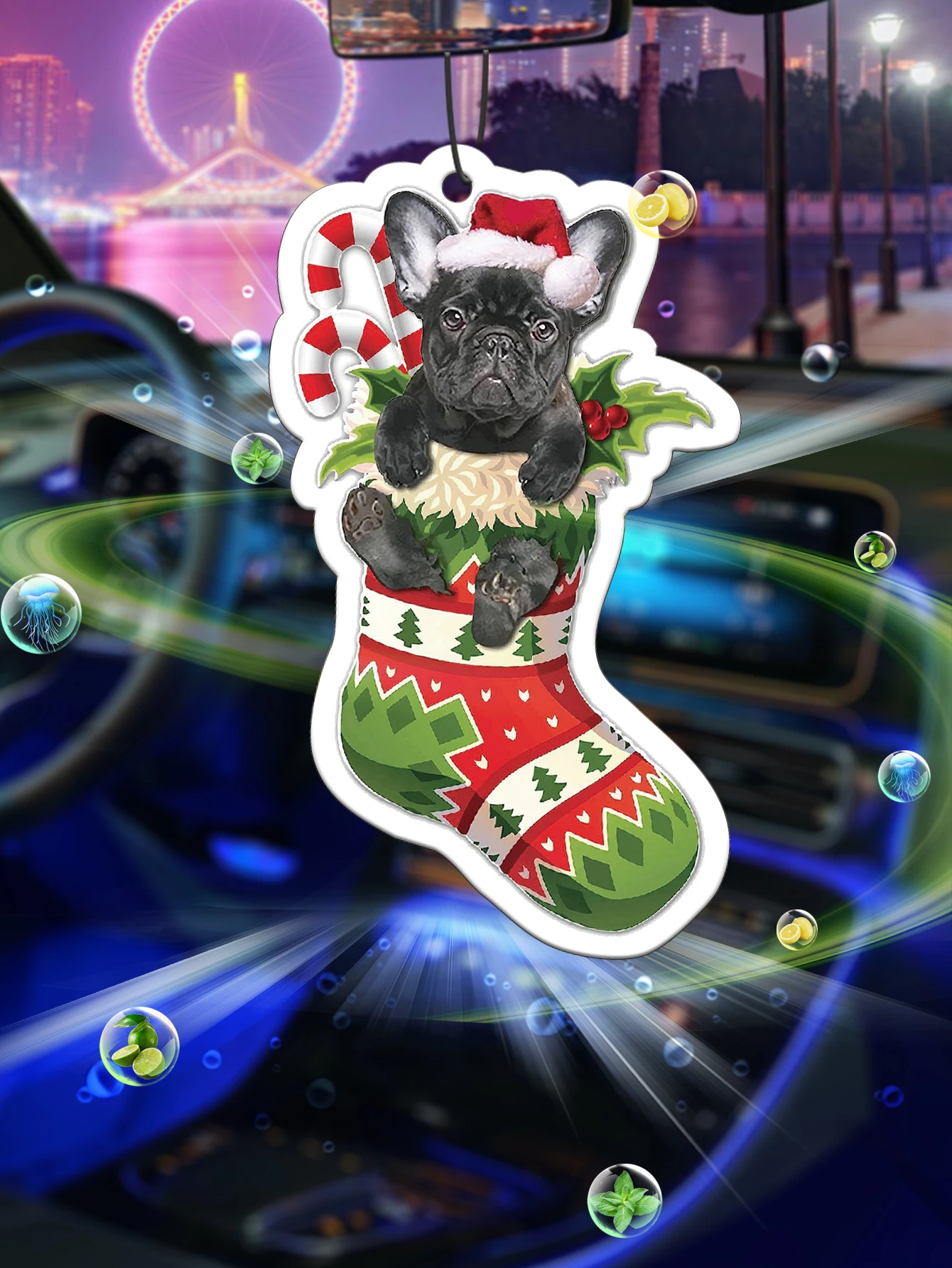 Christmas Stocking Black French Bulldog Santa Hat Hanging Car Air Freshener, Plant‑Derived Fragrance No Alcohol Long‑Lasting 60‑