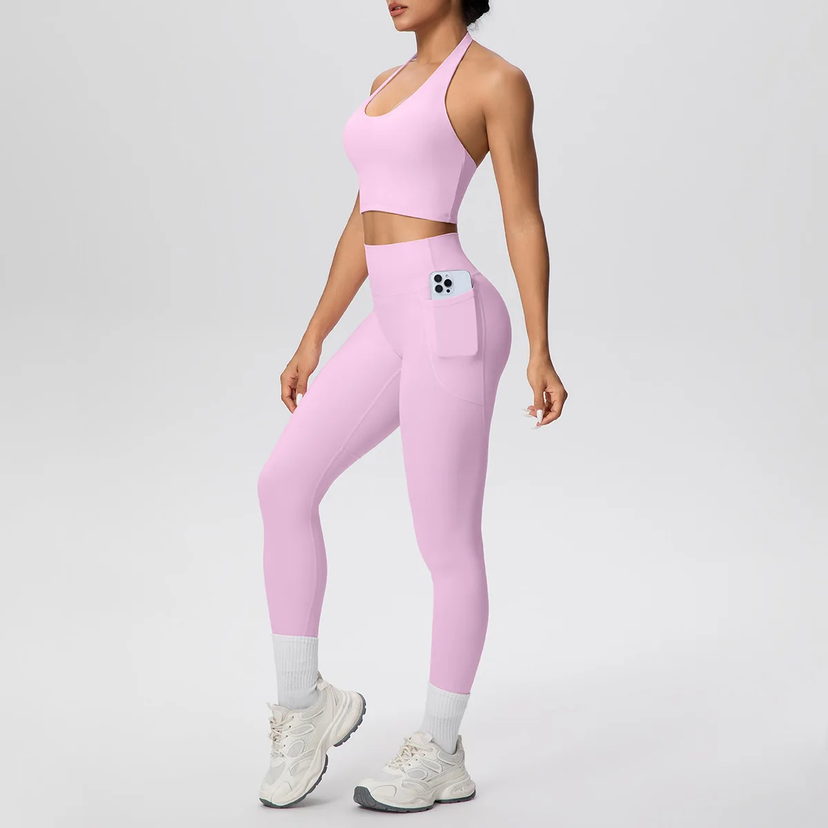 MIML 2026 Women's Yoga Sportswear Set Pure Color Fleece Hanging Neck Vest with Pocket Pocket Pants Running Fitness Two-Piece Out