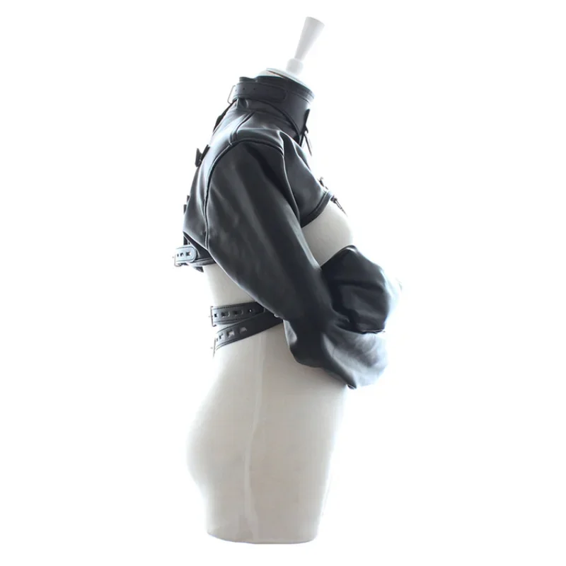 Female BDSM Bondage Breast Exposed  PU Leather Straitjacket Restraint Body Harness Jacket Long Sleeves Play Flirting Women