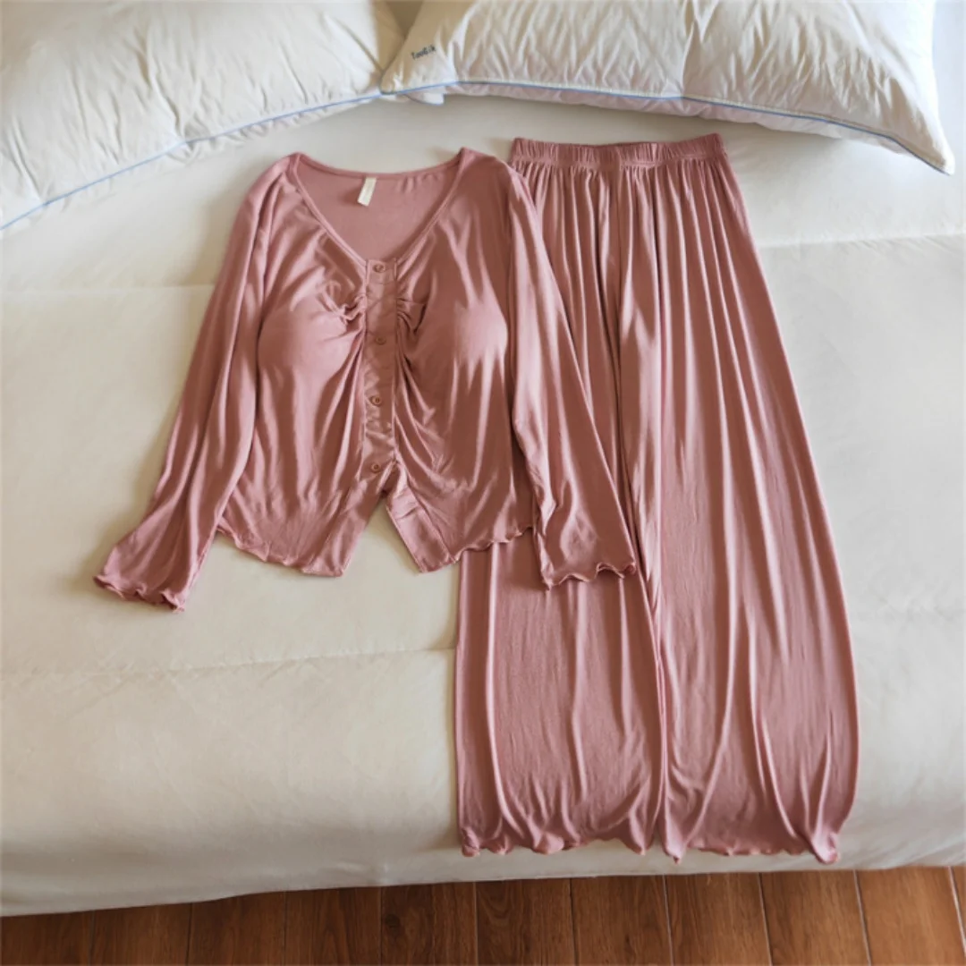 

Пижамный комплект из модала, топ с длинными рукавами и длинные брюки, комплект из 2 предметов, чашка на груди, новая осенняя одежда для сна, элегантная домашняя одежда, одежда для дома