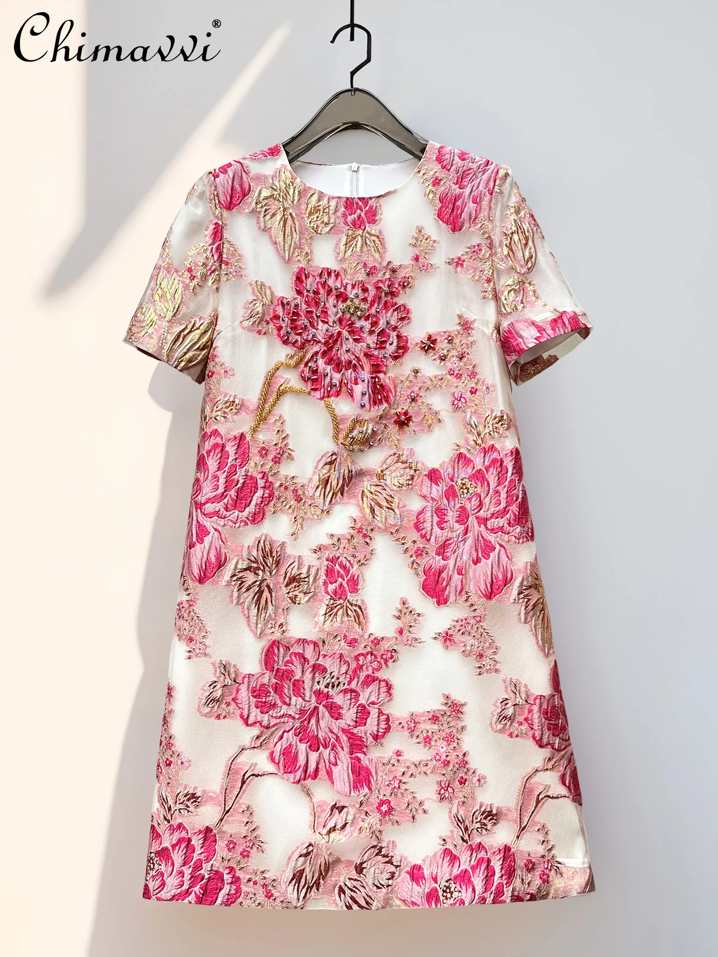 

French Elegant Fashion Socialite Summer Dress Heavy Industry Beaded Jacquard Crew Neck Short Sleeve High Waist Party Dress Women