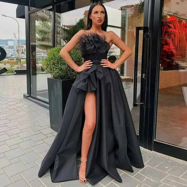 

Strapless Feather Draped Satin Prom Dress Custom Made Formal Party Gowns Black High Split Evening Dresses