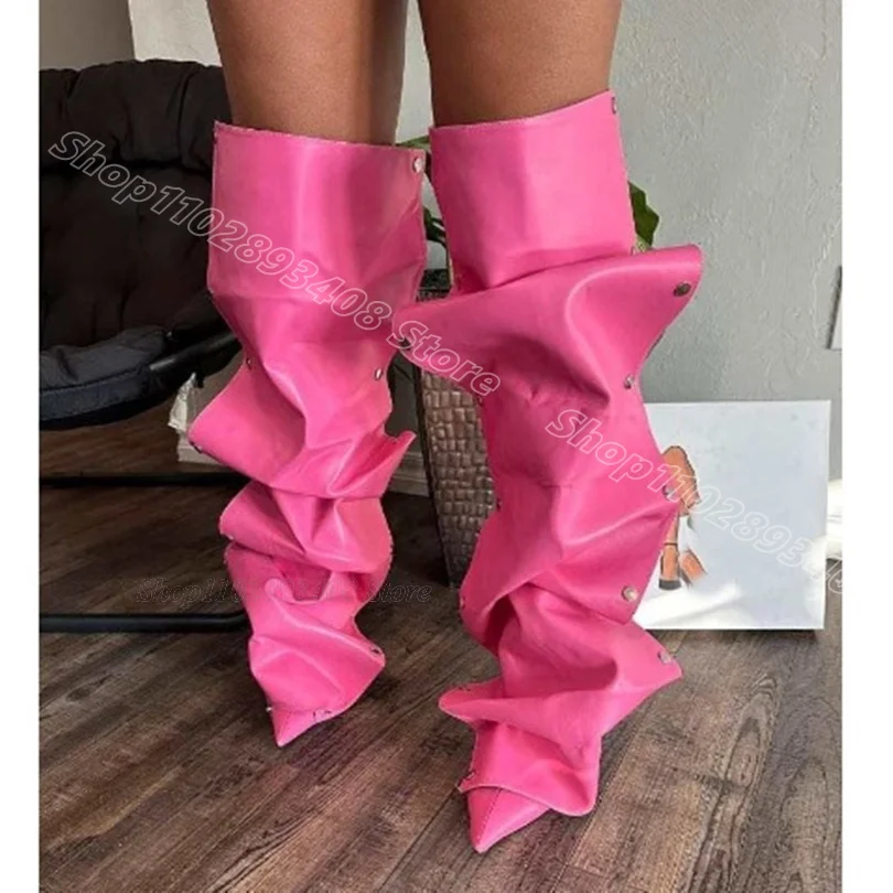 

Pink Leather Buckle Pleated Boots Personality Pointed Toe Stiletto Fashion Back Zipper Party Women Boots Zapatos Para Mujere