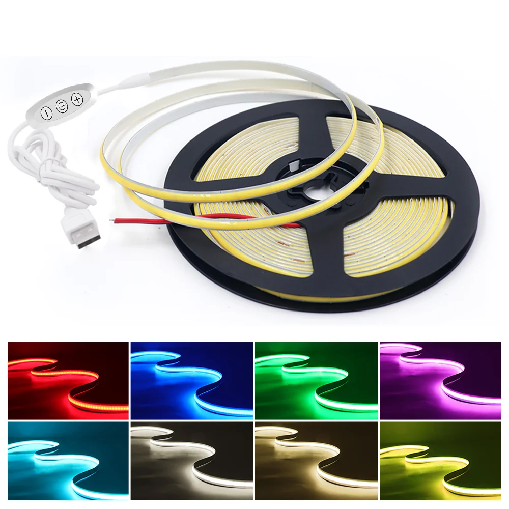 Dimmable 5V COB LED Strip Light 320Leds/m USB Powered High Bright Flexible COB LED Lights RA90 Remote Control LED Tape Diode