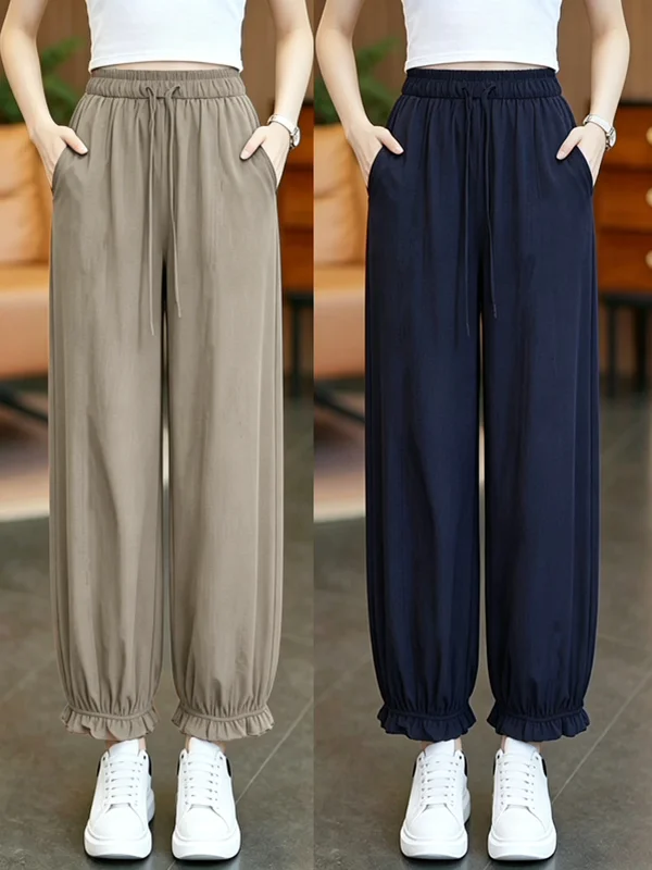 

High Waist Nine-Piece Ice Silk Flower Bud Pants Women's Loose Fit Fashionable Lantern Pants Versatile Casual Pants for Ladies