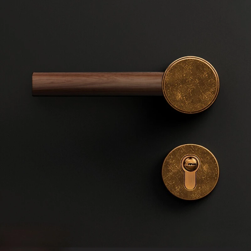 European Retro Universal Indoor Door Lock, Walnut Door Handle, Antique Brass, Magnetic Suction, Silent Lock, North American