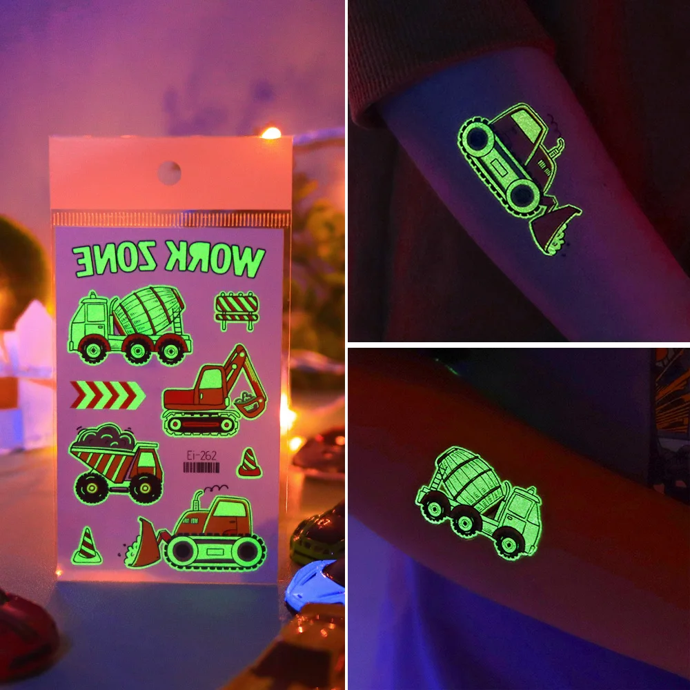12 Pieces of Glow-In-The-Dark Construction Vehicle Tattoo Stickers, Including Engineering Vehicles, Fire Trucks, Bulldozers, Excavators, Cars, Construction Trucks, Tattoo Stickers, Christmas Gifts