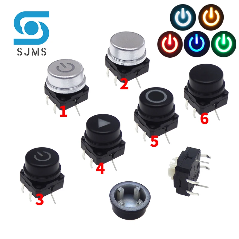 2Pcs 12*12*8.1mm DIP-6P With Light LED Tactile Micro Push Button Momentary Switch+C28 Can transmit light Round button Switch Cap