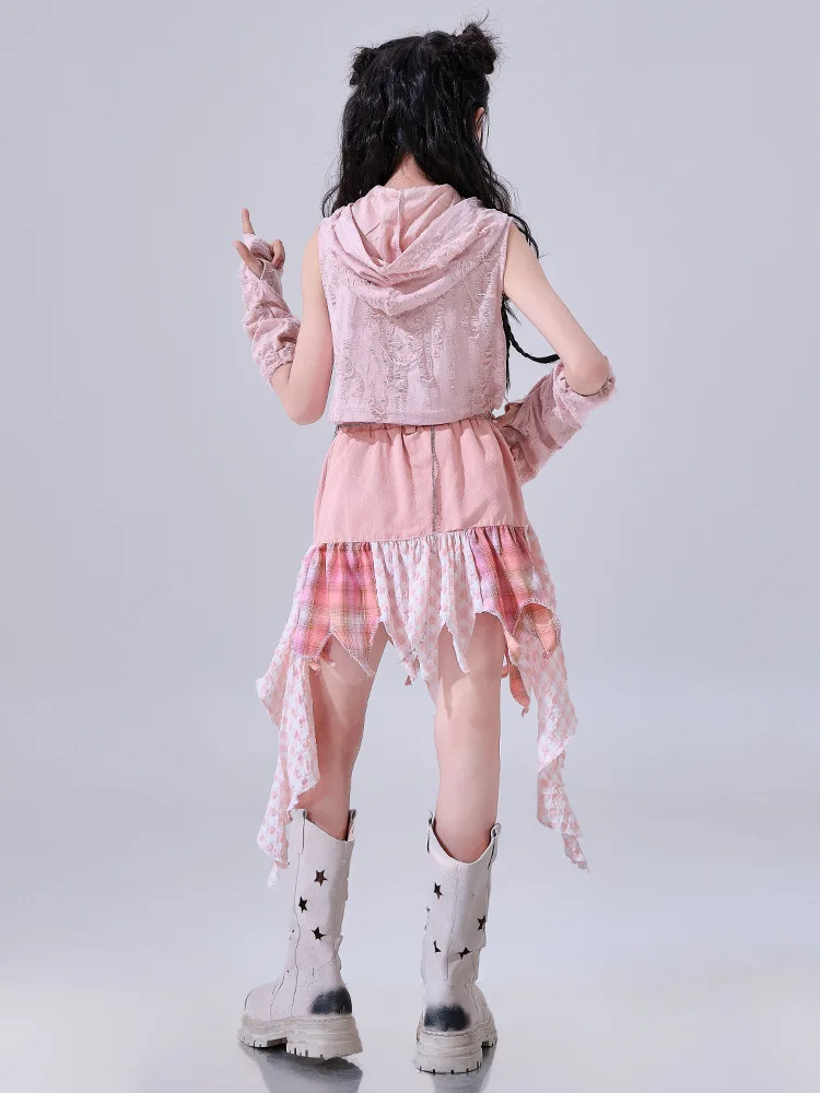 Hip Hop Girls Clothes Kids Jazz Street Dance Costume Pink Hooded Top Pink Petal Skirt for Child Performance Outfit