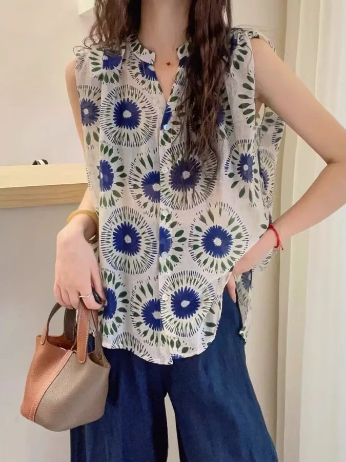 

Новая женская летняя блузка большого размера из лиоцелла и льна с ретро-принтом, на пуговицах, А-силуэт, в стиле кукольного платья, модная повседневная одежда