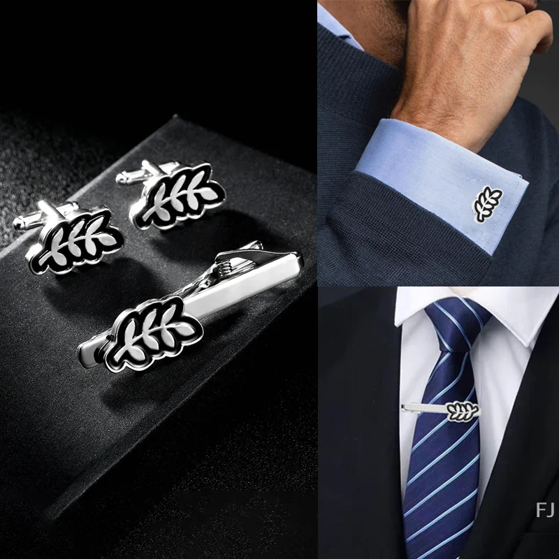 

[YU]Vintage Simple Leaf Cufflinks Tie Clip Shirt Accessories Tie Bar Cuff Links Necktie Clip Men's Jewelry