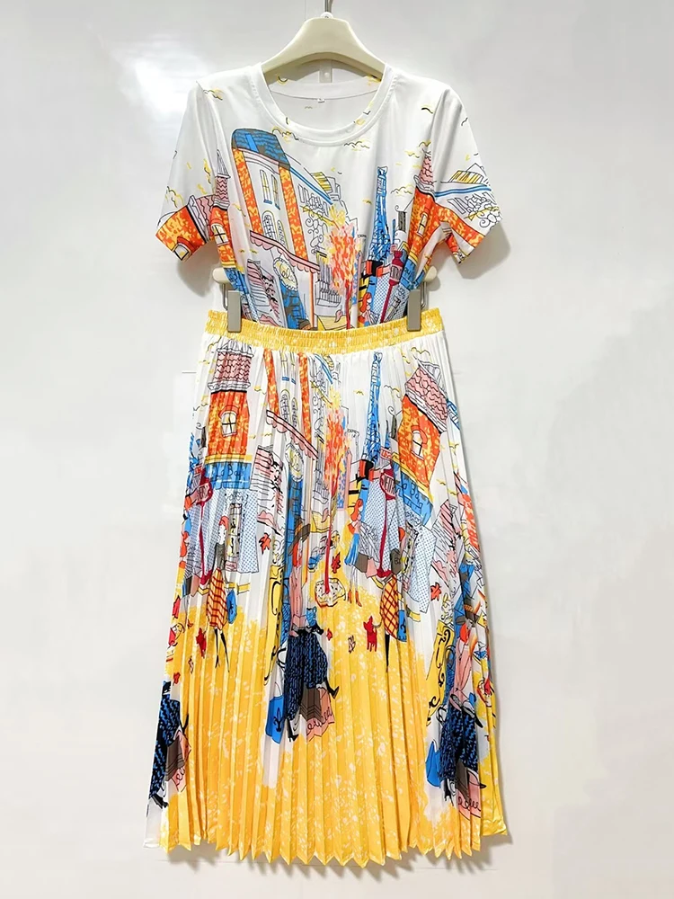 تي شيرت محبوك مطبوع عليه صورة هندسية كلاسيكية للسيدات لصيف 2025 طقم مكون من قطعتين + تنورة فضفاضة بطيات طقم أزياء