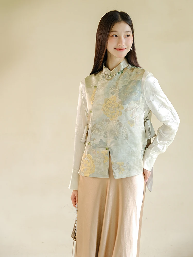 

2024 Autumn New Chinese Sle Retro National Trend Stand Collar Button ay een Peony Embroidery Sa Vest Tagkita Women's ...