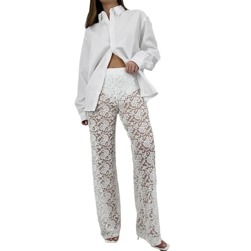 Sexy See Through Lace Women Pant White Hollow Out High Waist Two Piece Sets Female Summer Casual Outside Streetwear 2023