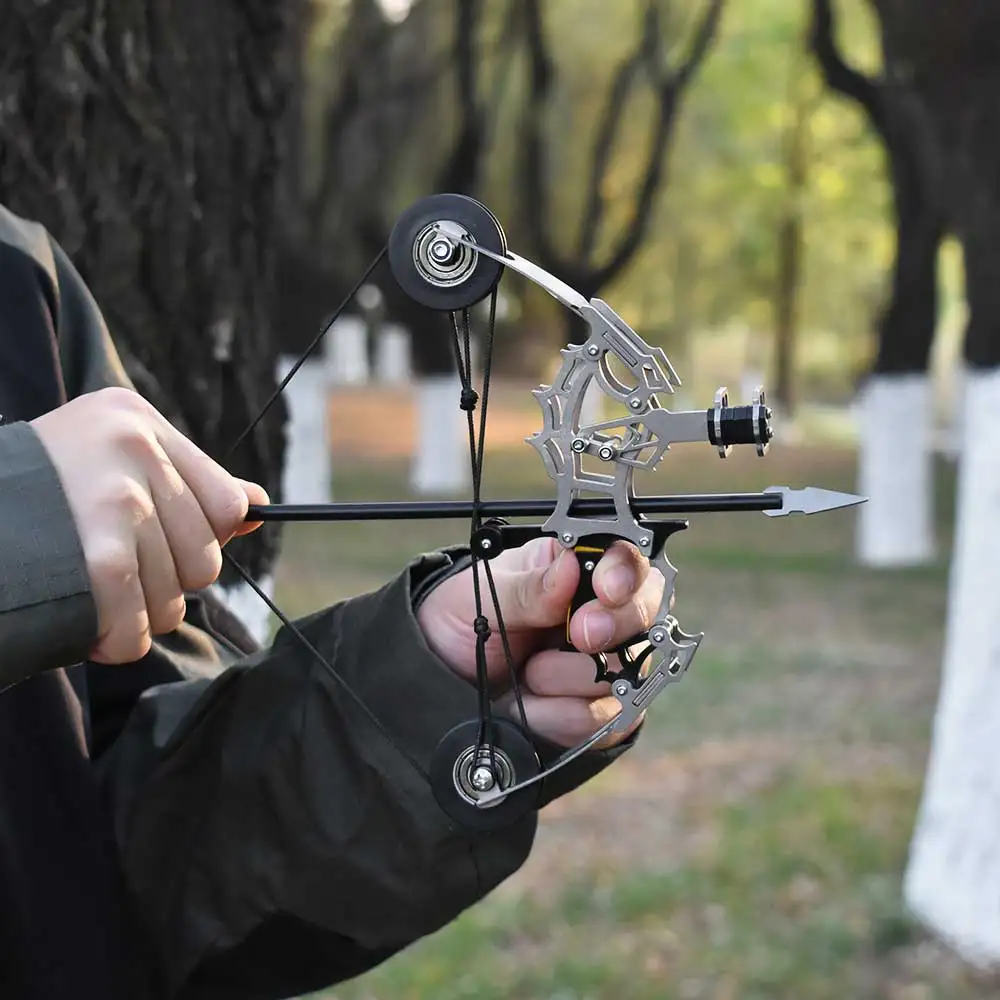 Metal Mini Compound Bow Outdoor Hunting Shooting Entertainment Toy Silver Compound Pulley Bow and Arrow Portable Bow and Arrow