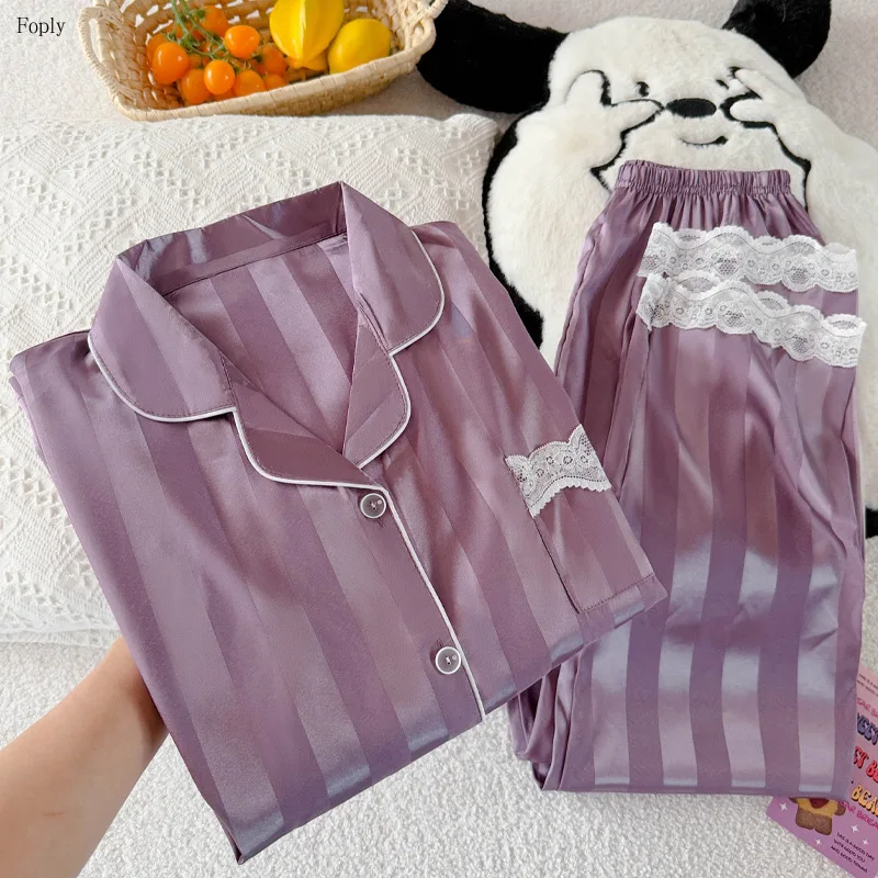 

Striped Sleeping Clothes for Women Ins Style Sleepwear Ice Silk Women's Pjamas Sets Cardigan Short-sleeved Pants Homewear Suit