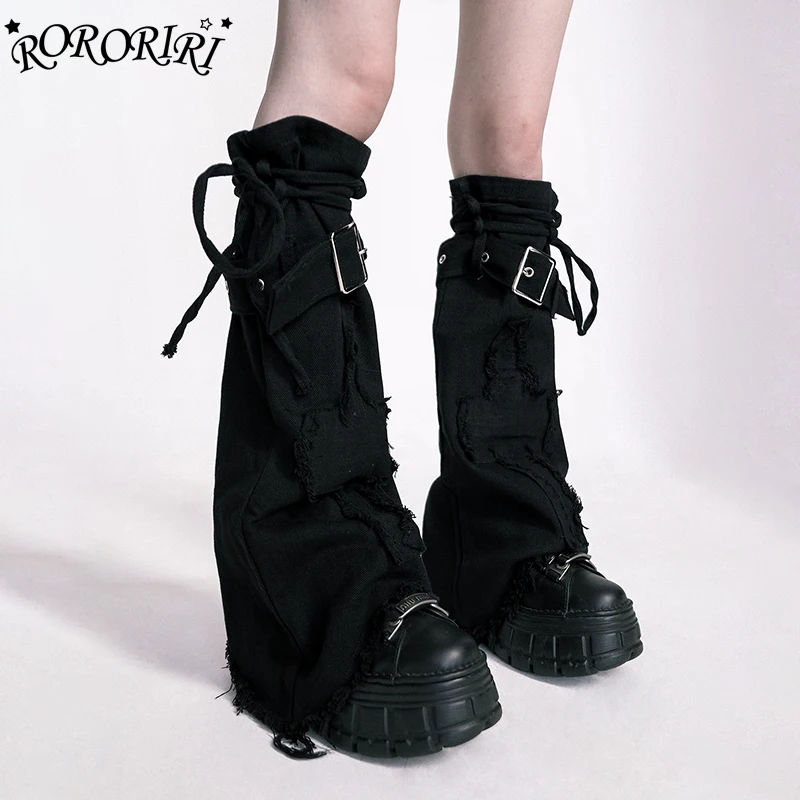 

RORORIRI джинсовые гетры с поясом и повязками, женские однотонные черные расклешенные гольфы с необработанными краями, серые винтажные носки