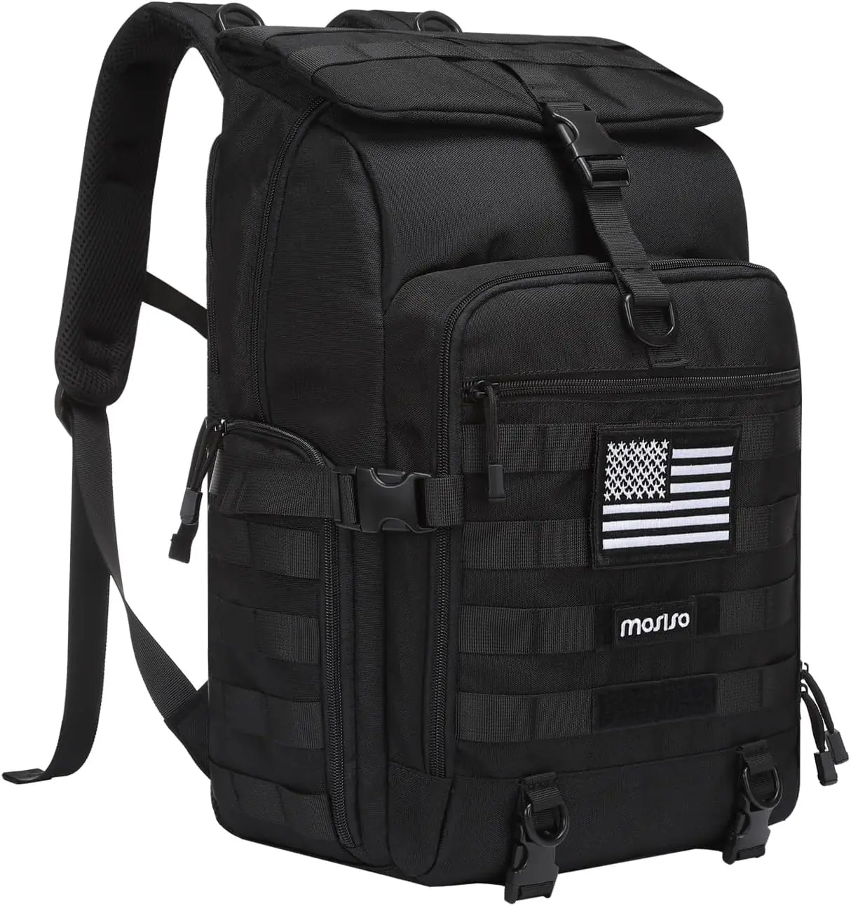 

30L Tactical Backpack, Military Daypack with Top Flap Pocket & USA Flag Patch, Black