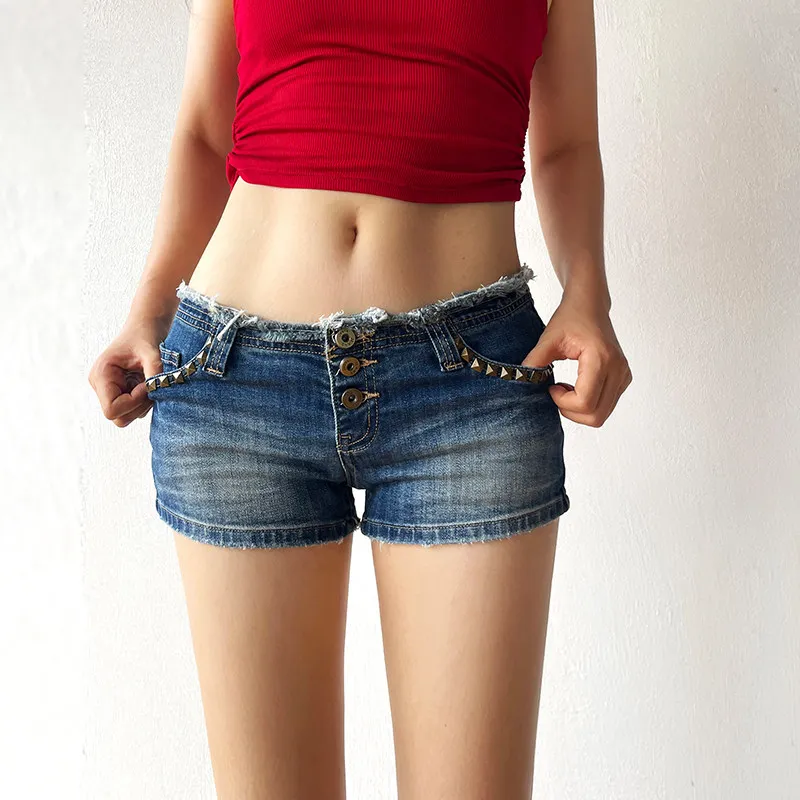 New Y2K Harajuku Fashion Denim Shorts Female Retro Slim Rivet Trimmed Jean Shorts Spicy Girls Leisure Streetwear Summer Hot Pant view 3