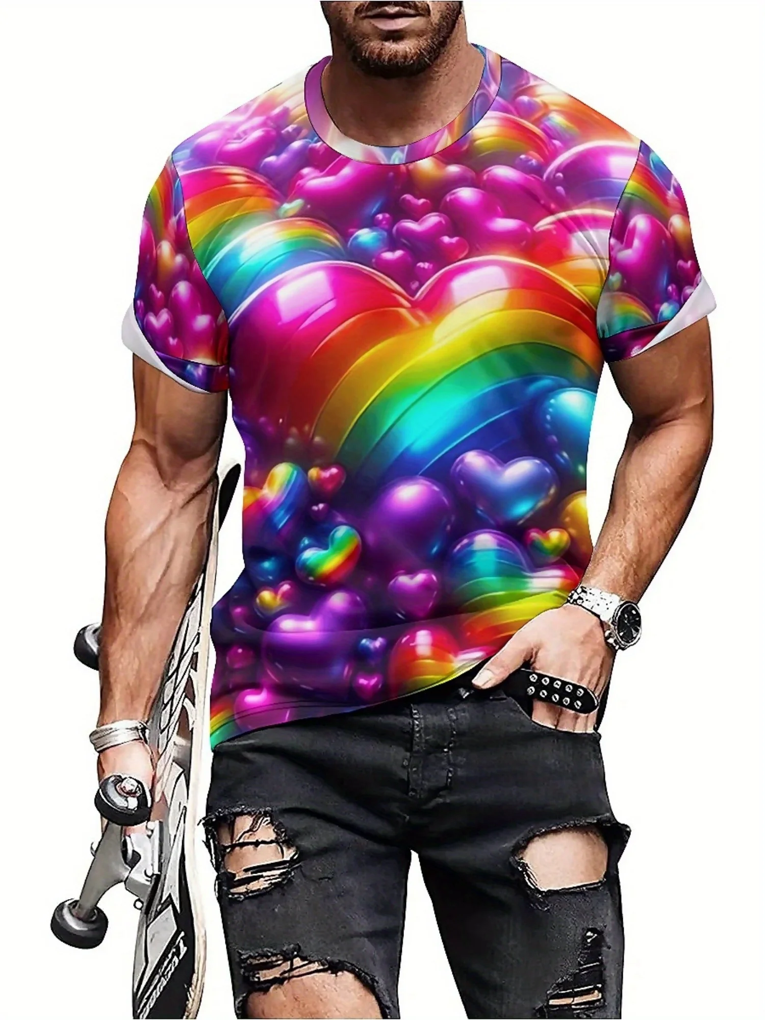Men'S Plus Size Hip-Hop T-Shirt - Summer Essential, 3D Heart Print, Vibrant Rainbow Colors, Casual Polyester Fabric
