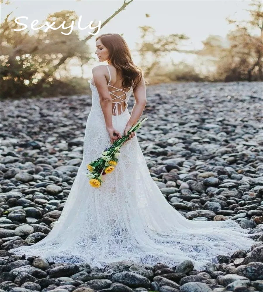 Vestido de Novia bohemio elegante de encaje bohemio, vestido de Novia Hippie celta de playa de ganchillo, vestido de Novia coreano con espalda descubierta, vestido de Novia personalizado