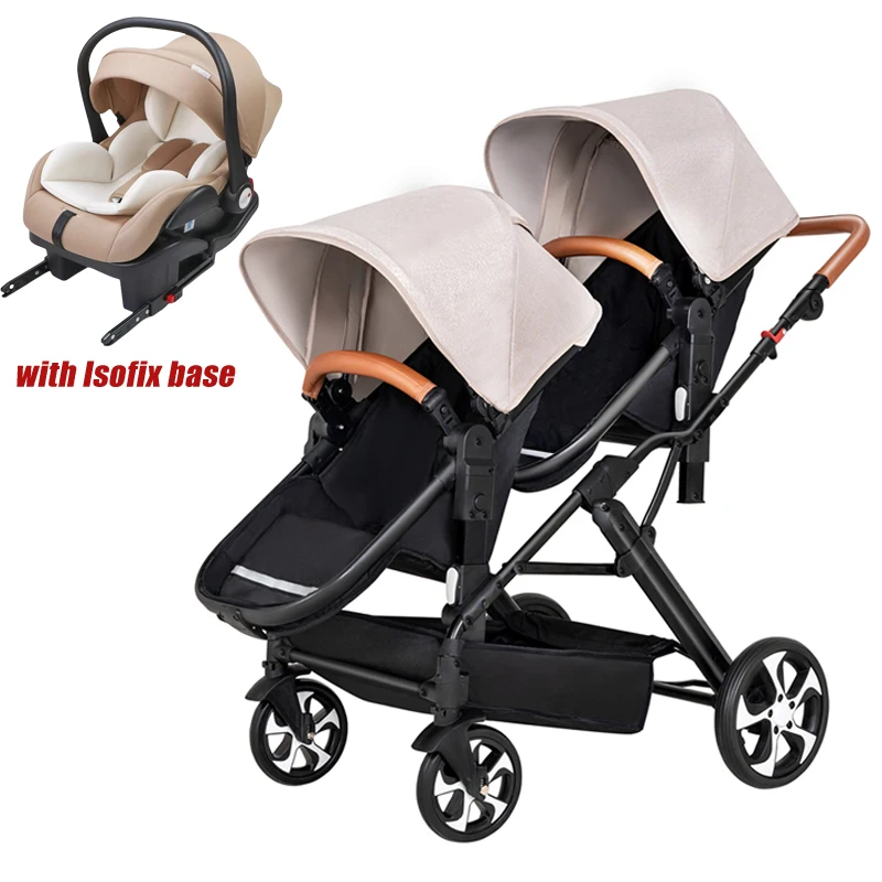 New Twins Baby stroller 3in1 with car seat base, double kids baby carriage with isofix, detachable sleeping basket baby stroller