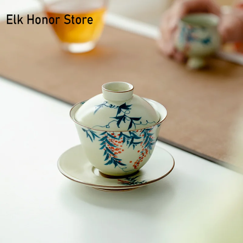130ml Hand-paintd Wistria Flower Gaiwan Handmade Wheat-straw Yllow Ru Kiln Tea Tureen Tea Brewing Cover ciotola articoli da tรจ Craft