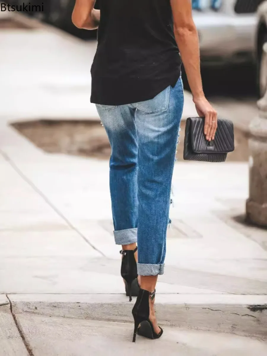 2025 New Spring Summer Hole High Waist Women's Jeans Retro Slim Fit Trousers Capris Baggy Jeans Casual High Street Denim Pants