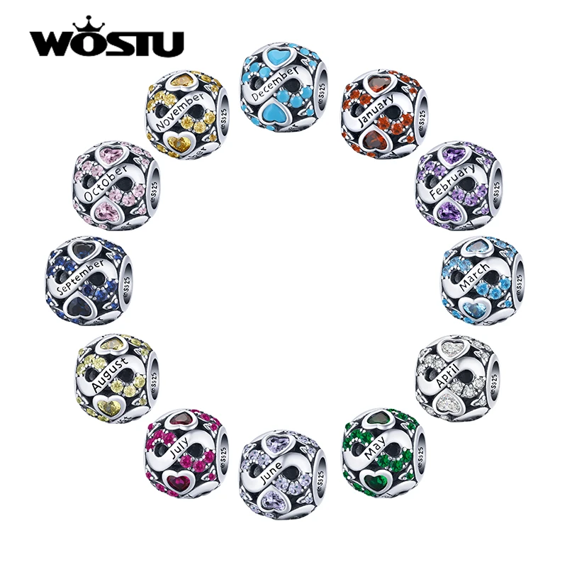 WOSTU Real 925 Sterling Silver Infinite Love Birthstone Colorful Zircon Round Charm Fit Original Bracelet Authentic Jewelry Gift