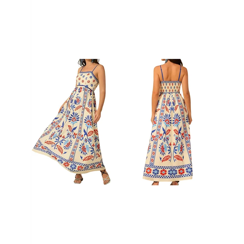 【SEE】สตรี 2025 ฤดูร้อนชุดแม็กซี่ลายดอกไม้แขนกุดสายสปาเก็ตตี้พิมพ์ Smocked Boho ชุดเดรสยาวชายหาด