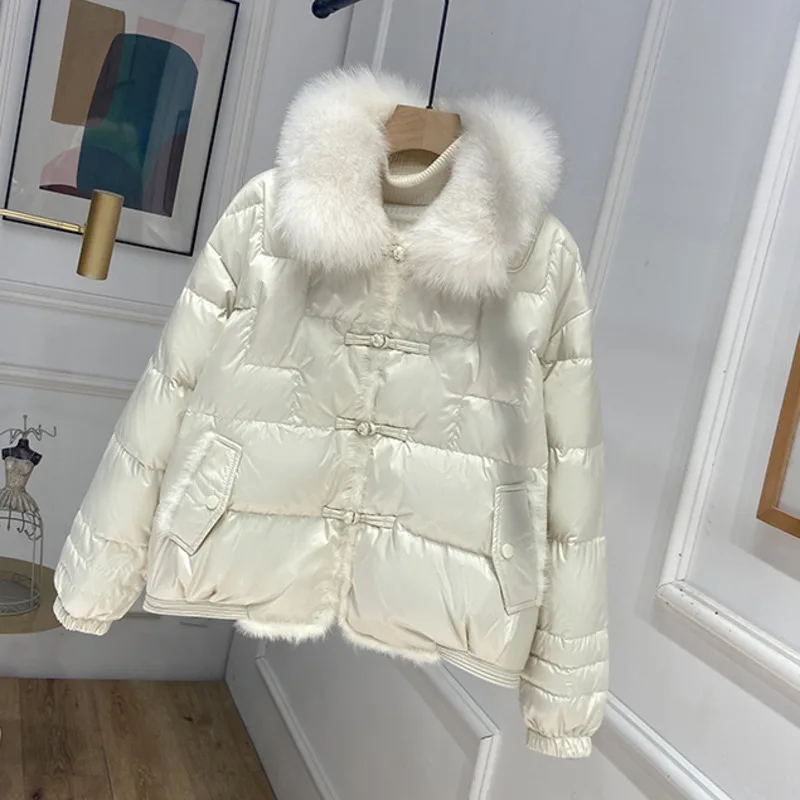 2023 Real Fox Fur Collar Winter Women 90%White Duck Down Jacket Ladies Short Warm Puffer Coat Female Loose Vintage Parka