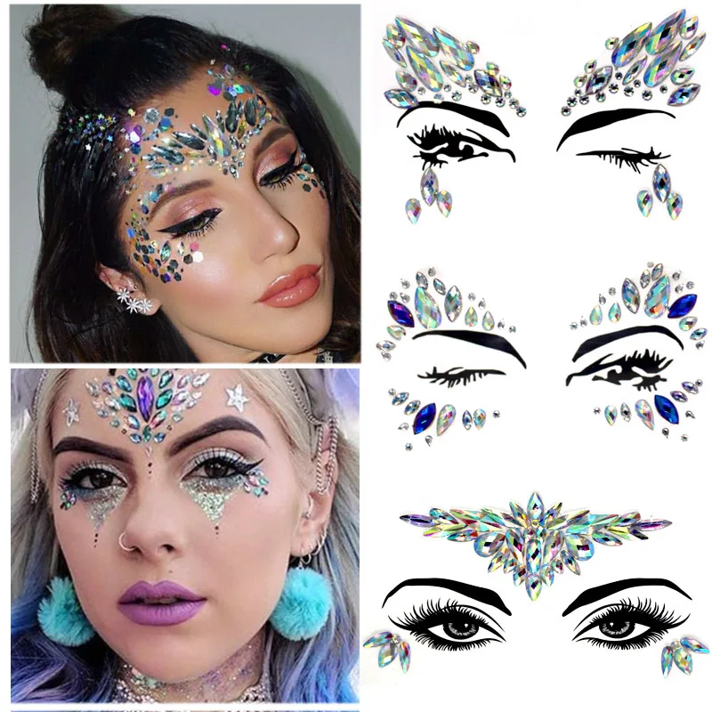 Temporary Crystal Face Stickers, Face Jewels, Rave Eyes, Body, Gems, Rhinestones, Decor, Festival Party, 5 Sets