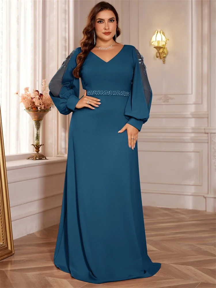 

Большие размеры, синие роскошные вечерние платья с v-образным вырезом и длинными рукавами и блестками, женские коктейльные платья макси с v-образным вырезом на спине для свадебной вечеринки