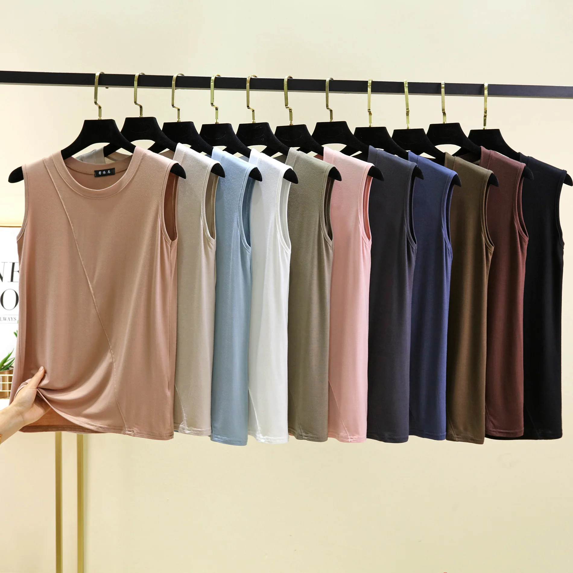 Modal spliced Tank Tops O-Neck sleeveless Tshirt solid color women base layer top Plus size Summer thin tee tops