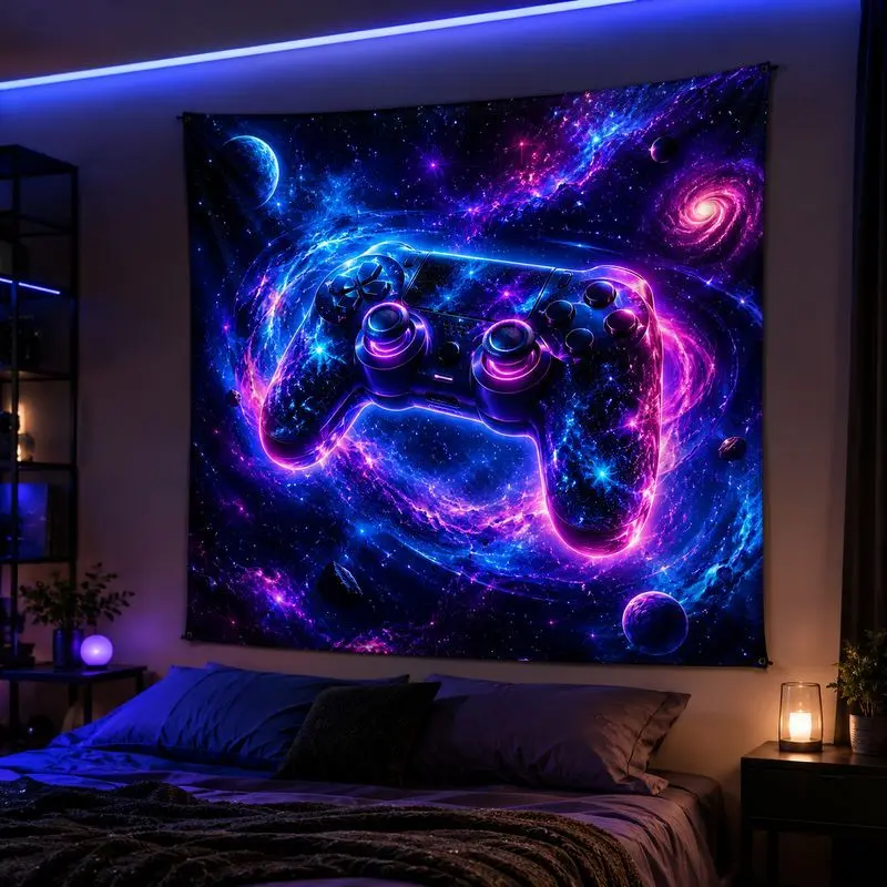 VIKAMA Gaming Skull Blacklight Tapestry, Neon Galaxy Wall Hanging, Psychedelic Blanket for Bedroom Game Room Decor