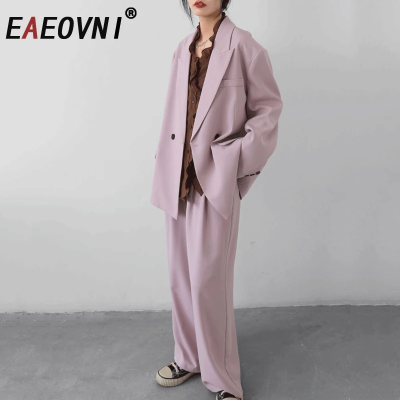 

EAEOVNI, однотонный модный женский комплект, офисный женский комплект, осень 2023, новый пиджак с двойными пуговицами, пальто + длинные брюки, модные комплекты
