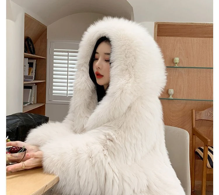 Fashion Wool Coat Women Autumn and Winter New Hooded Jacket Women Imitation Fur Velvet Coat Women Mid Length Winter Coat Trench