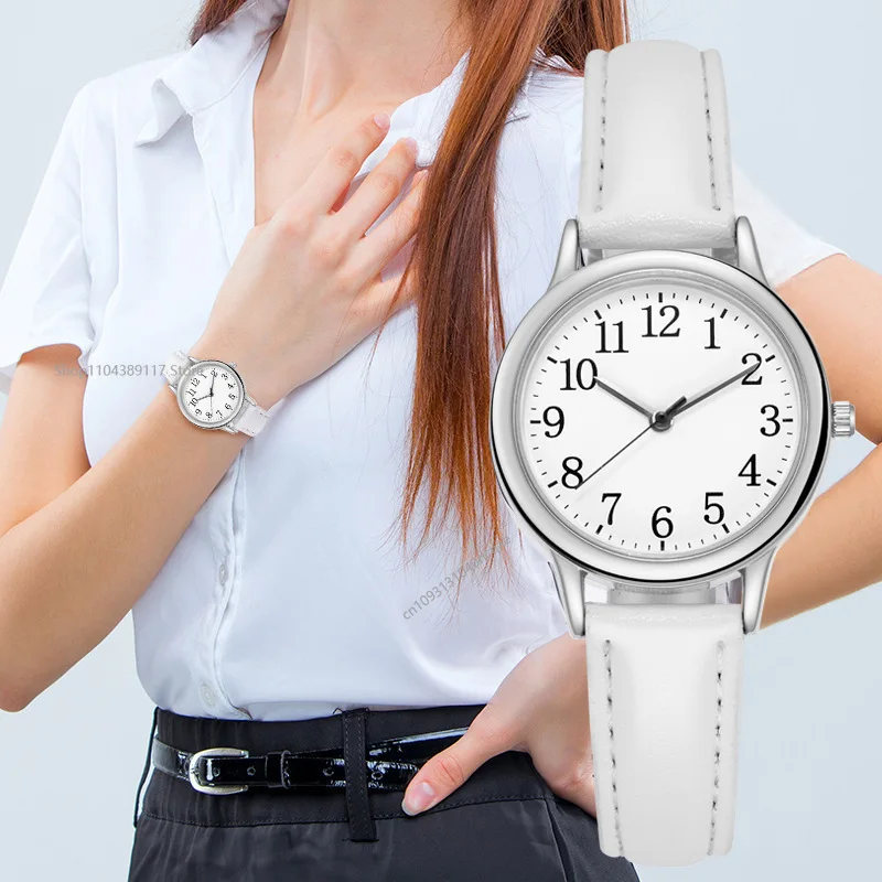 Vrije tijd mode dames quartz horloge gemakkelijk af te lezen Arabische cijfers eenvoudige wijzerplaat PU lederen band dame snoep kleur