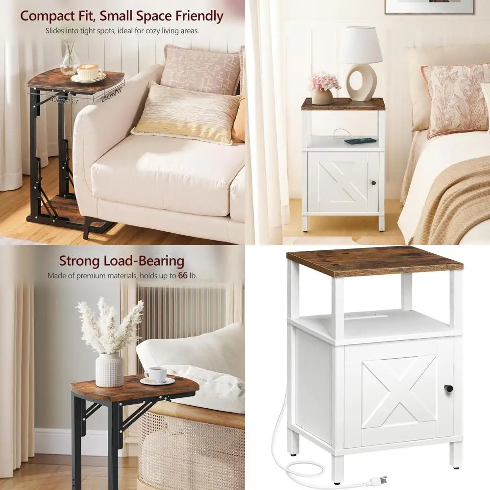 

Комплект из двух предметов: прикроватная тумбочка в стиле фермерского дома с зарядкой и складным C-образным столиком, порты USB и Type-C, идеально подходит для небольших помещений