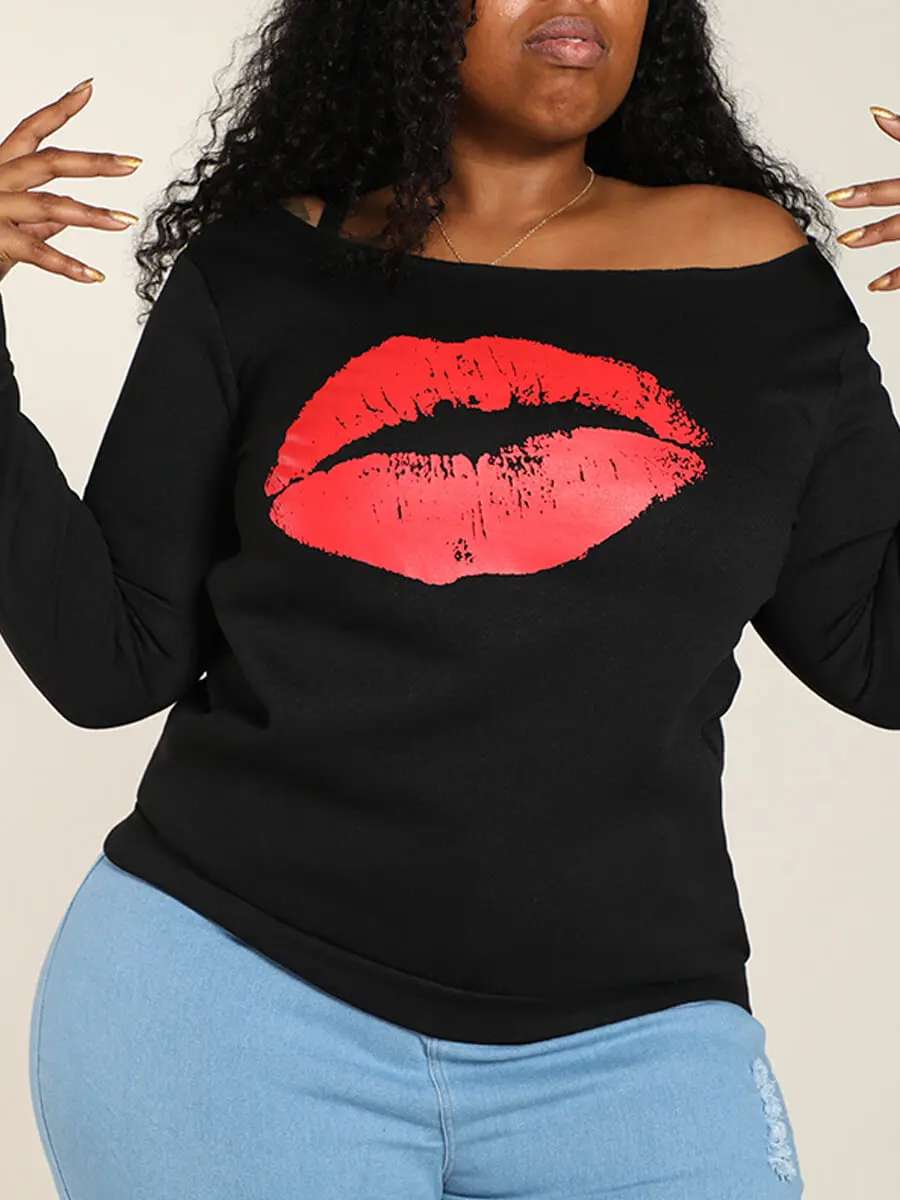 LW Plus Size Sweatshirt Casual Drop Shoulder Print Red Hoodie Women\'s Long Sleeve Sweatshirt Casual Cute Pullover Tops