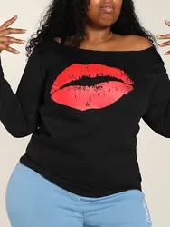 LW Plus Size Sweatshirt Casual Drop Shoulder Print Red Hoodie Women's Long Sleeve Sweatshirt Casual Cute Pullover Tops