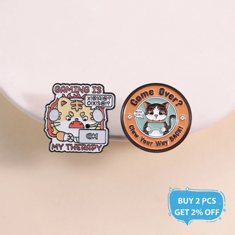 Gaming Is My Therapy Enamel Pins Angry Tiger Cute Cat Playing Game Animal Brooches Lapel Badge Jewelry Gifts for Friends
