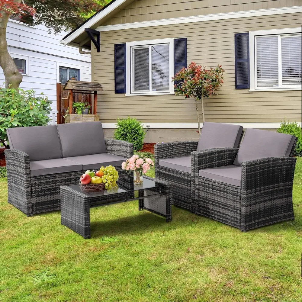 Sofa Set, 4 Piece, Deck Parlor Set, Outdoor Rattan Combo Sofa, Gray Rattan and Light Gray Upholstery, Sofa Patio Set