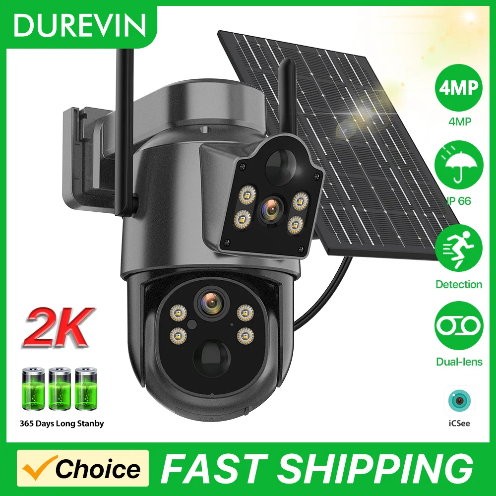 WIFI 2K 4MP Dual Lens Camera Outdoor Solar Built-in Battery PTZ Camera Wireless PIR Human Detection Surveillance Camera iCsee