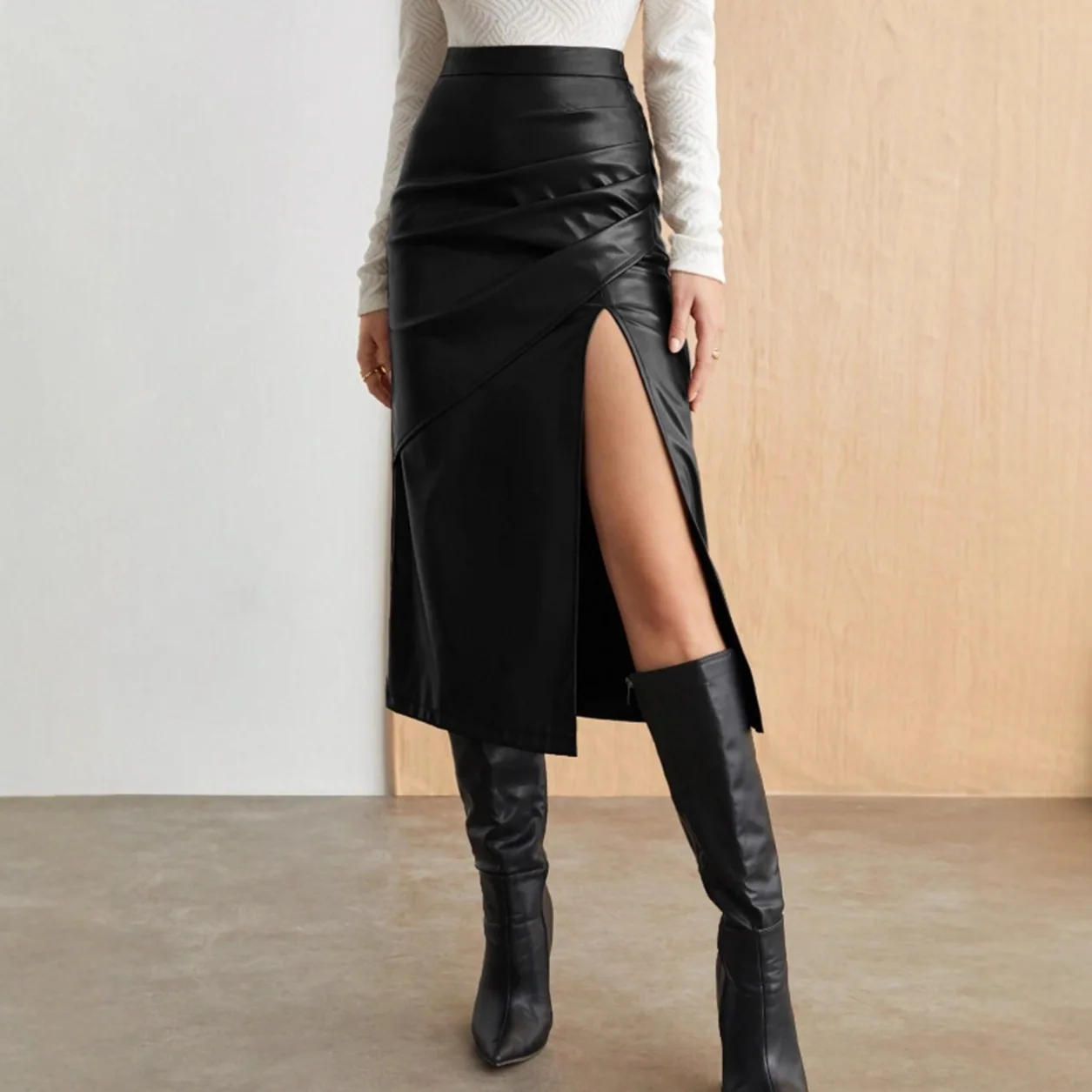 Hohe Taille Schlitz Reine Farbe Ci Outdoor Sle f Körper Rock Faionable Abnehmen Grenzüberschreitende Trend Busin Pendeln Design