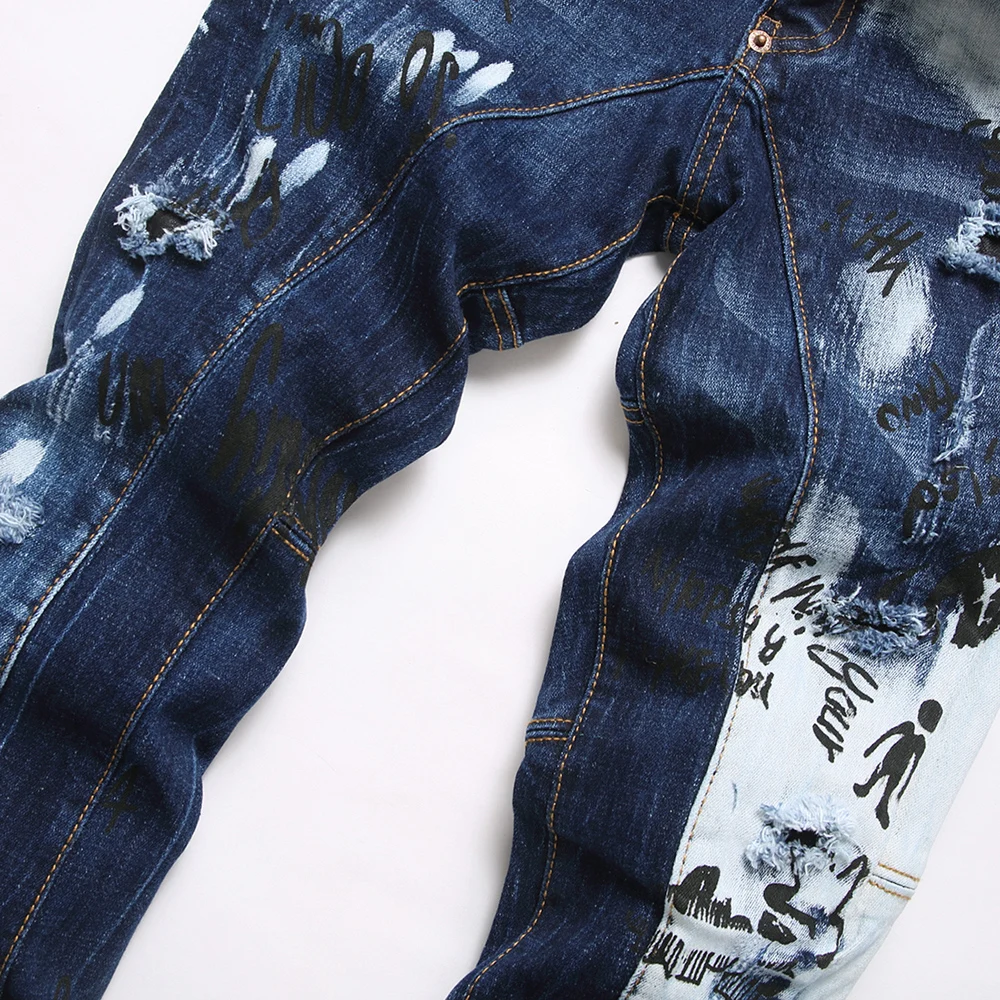 Men Letters Printed Denim Jeans Holes Ripped Patchwork Spliced Pants Button Fly Slim Tapered Stretch Trousers - Image 3