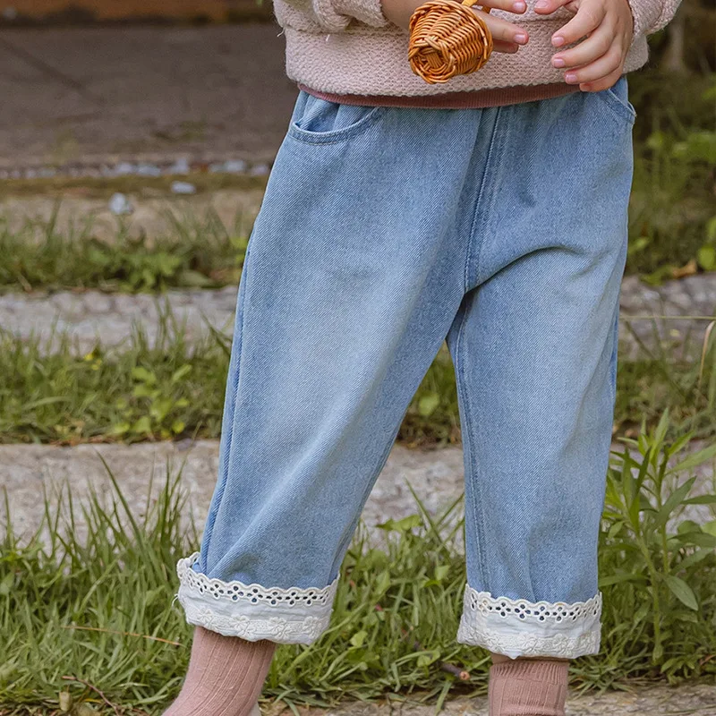 Children's Girls' Lace Pants Can Be Flipped and Washed Straight Jeans Casual Sweatpants